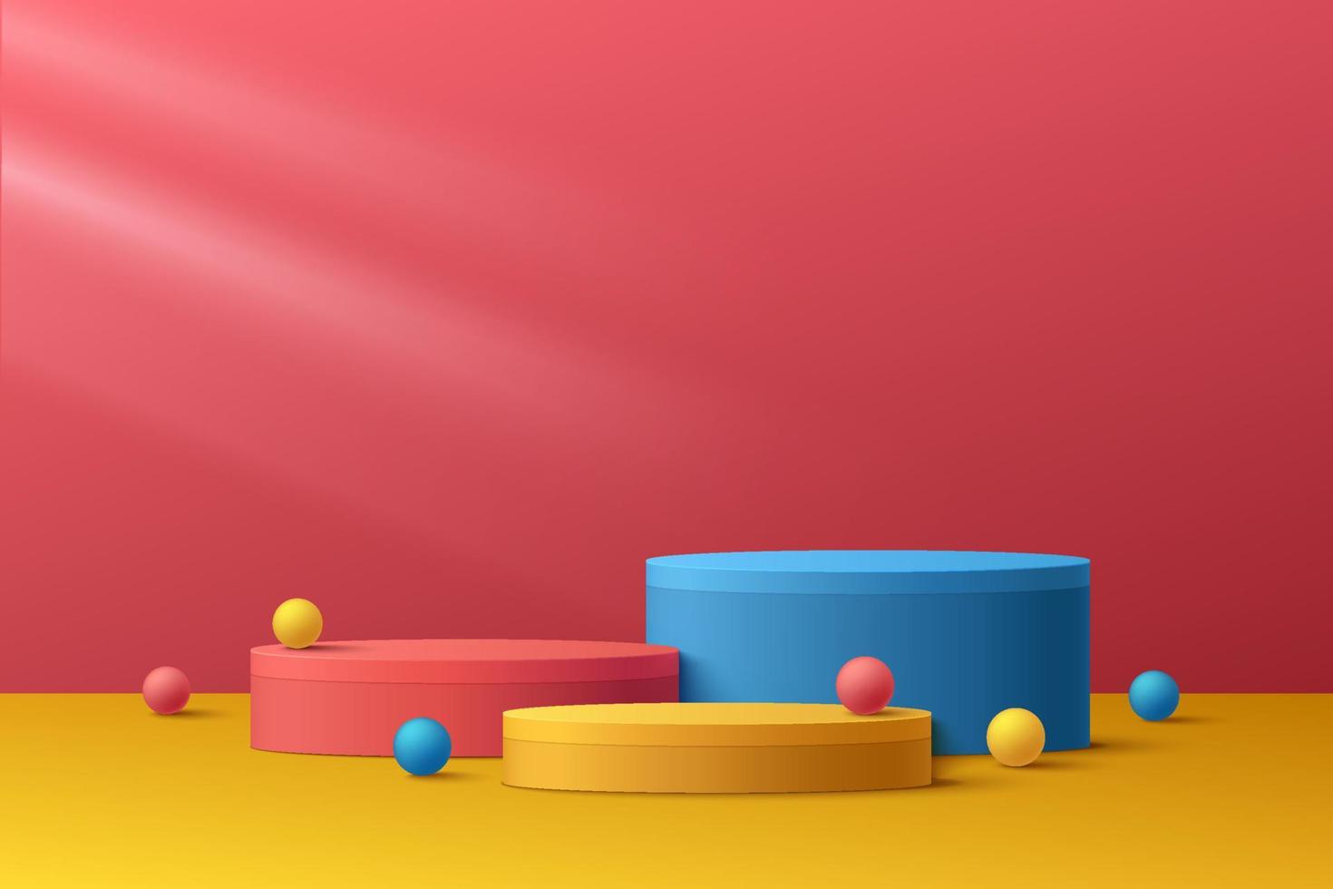 sala 3d roja abstracta con un conjunto de podio de pedestal de cilindro rojo, azul y amarillo realista. escena de pared mínima para la presentación de productos. representación vectorial de formas geométricas. escenario para escaparate. vector