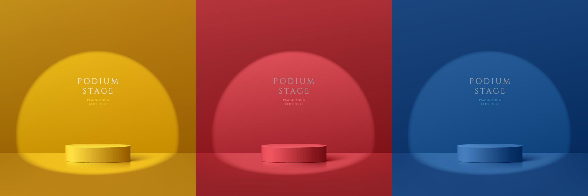 Set of abstract 3D room with yellow, dark blue and red realistic cylinder pedestal podium. Vector rendering geometric forms. Minimal scene with light and shadow. Stage showcase, Mockup product display