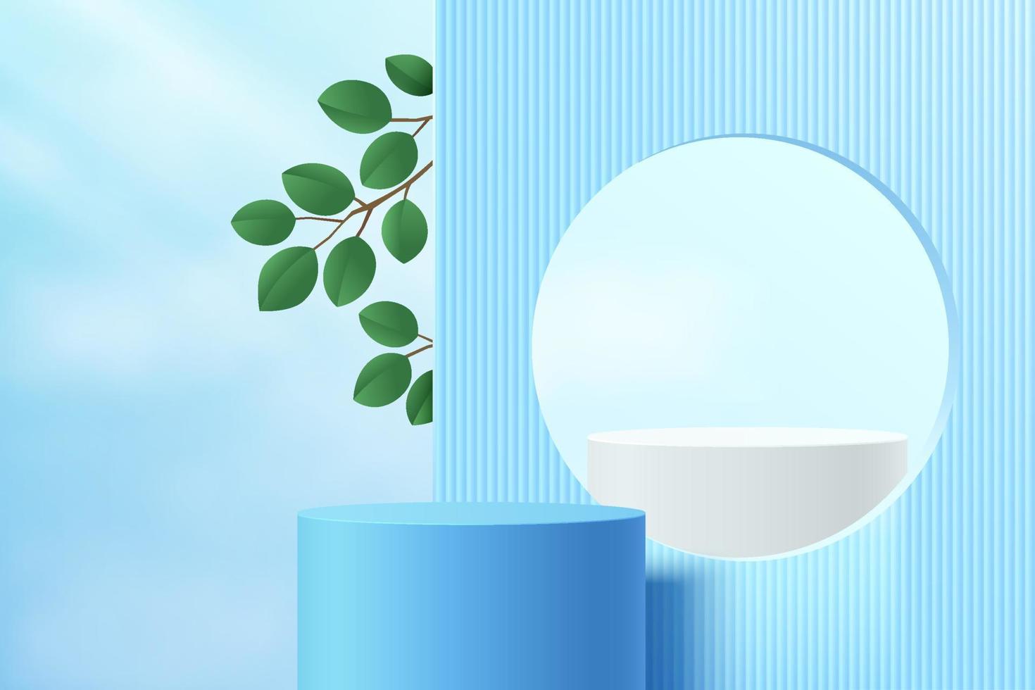 sala 3d abstracta y podio de soporte de cilindro azul y blanco realista con partición de cielo azul y hojas verdes. escena mínima para la presentación de productos. formas geométricas vectoriales. escenario para escaparate vector