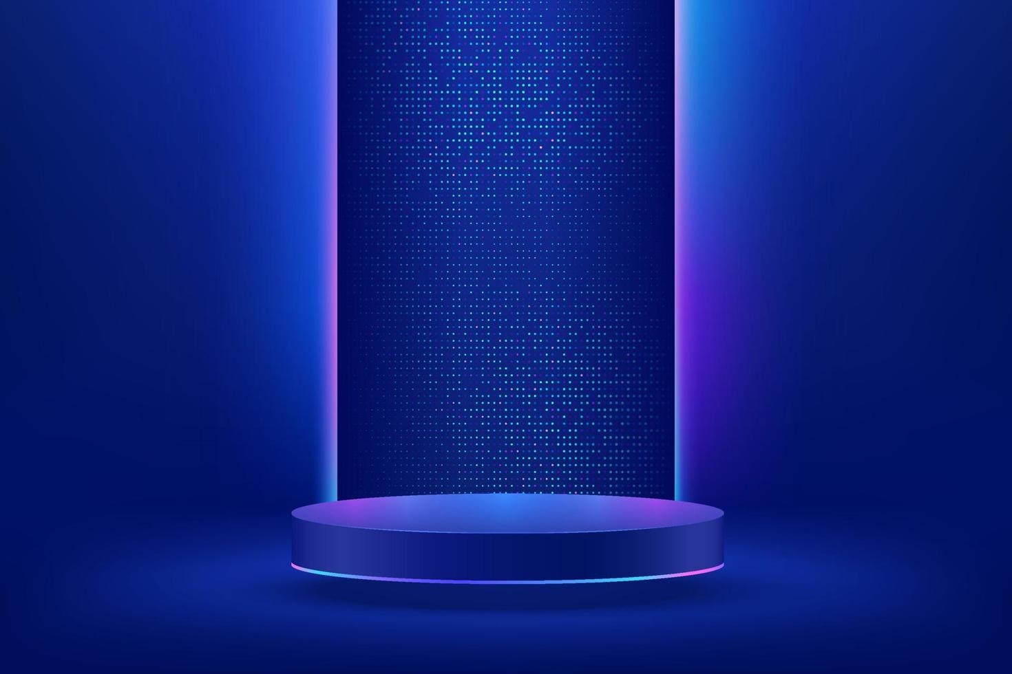 Realistic dark blue 3D cylinder pedestal podium. Sci-fi abstract room with neon lighting and shiny dots glitter. Stage for showcase. Vector rendering geometric forms, Product display. Futuristic scene