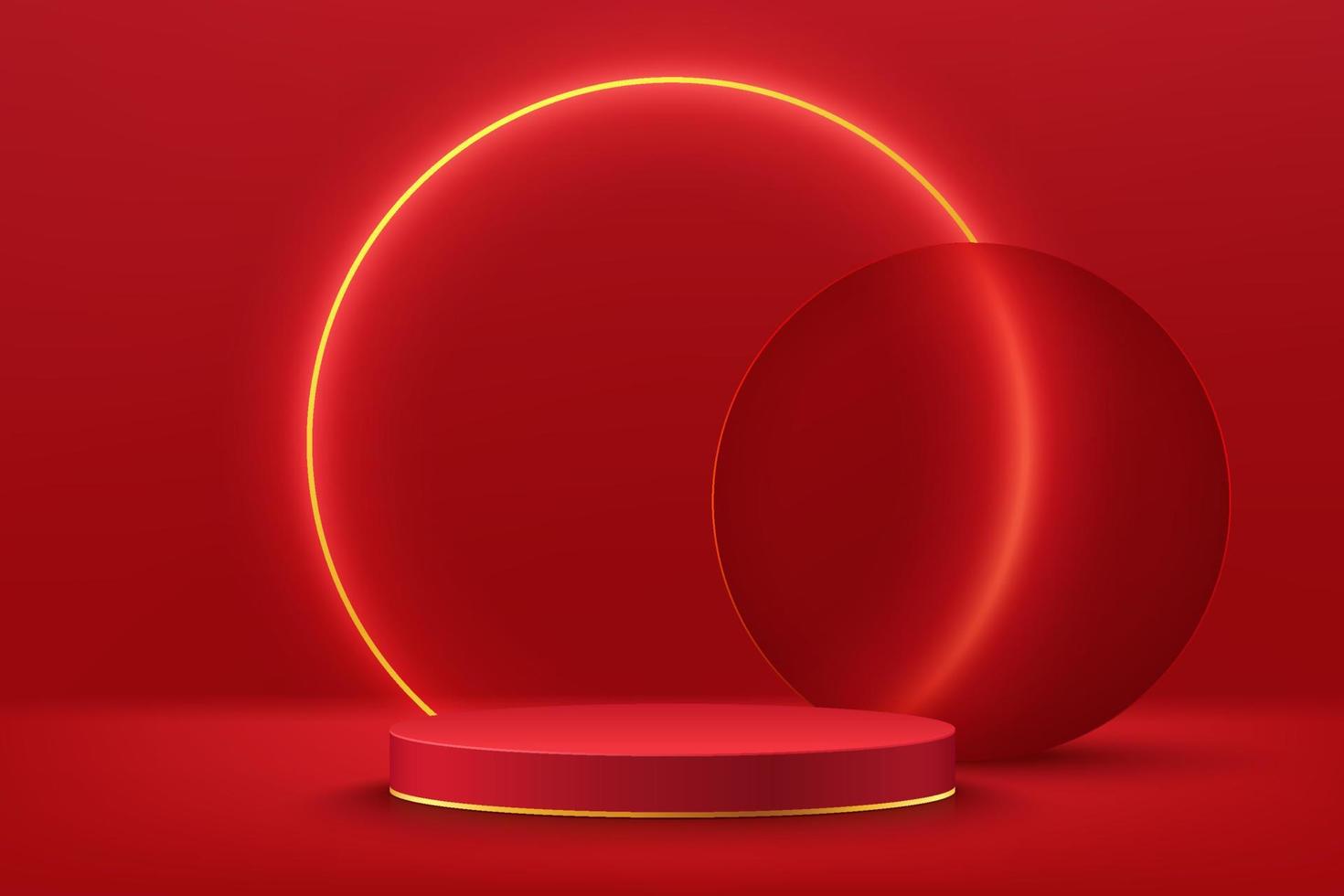 Abstract red 3D room with realistic  cylinder pedestal podium and golden neon ring background. Minimal scene for product display presentation. Vector mock up geometric forms design. Stage  showcase.