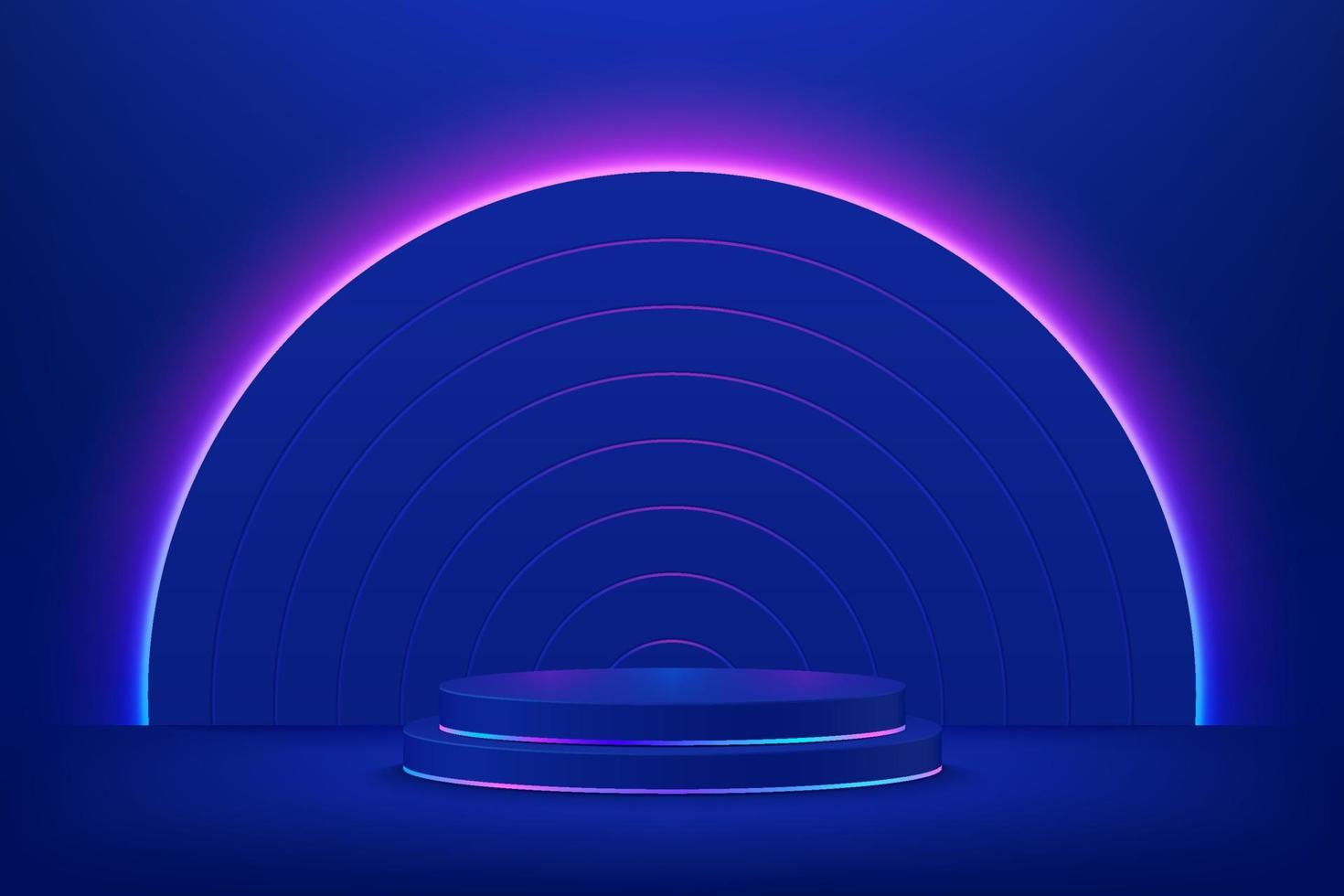 podio de pedestal de cilindro 3d azul oscuro realista. la habitación abstracta de ciencia ficción con semicírculo ilumina el fondo de luces de neón. formas geométricas de representación vectorial, etapa de visualización del producto. escena futurista. vector