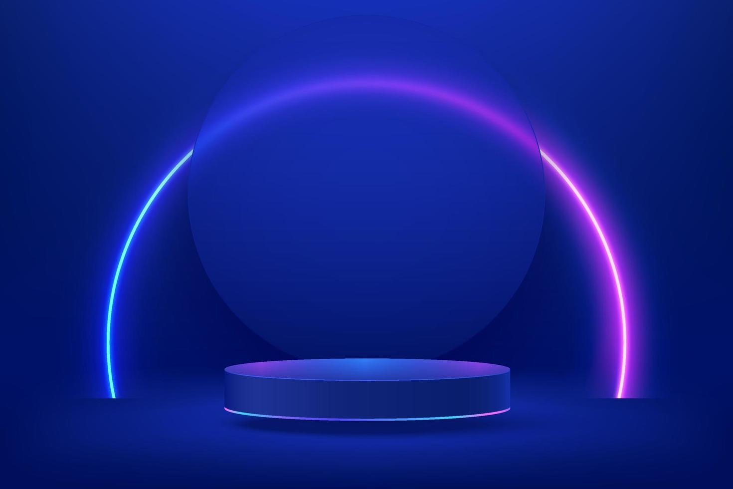 podio de pedestal de cilindro azul brillante abstracto. concepto de habitación abstracta azul de ciencia ficción con semicírculo de luces de neón brillantes. representación vectorial de forma 3d, presentación de exhibición de productos. escena de pared futurista. vector