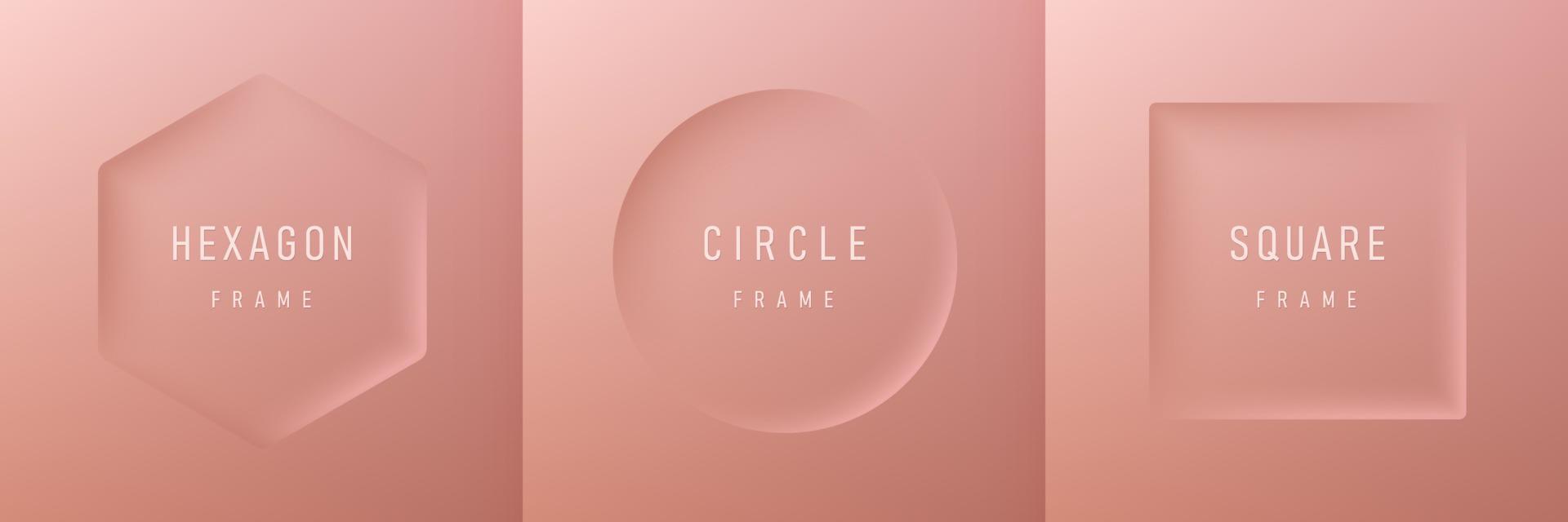 Set of realistic 3d geometric hexagon, circle and square frame on luxury pink gold background. Collection of Minimal frames background with copy space. Top view for product display. Light and Shadow. vector