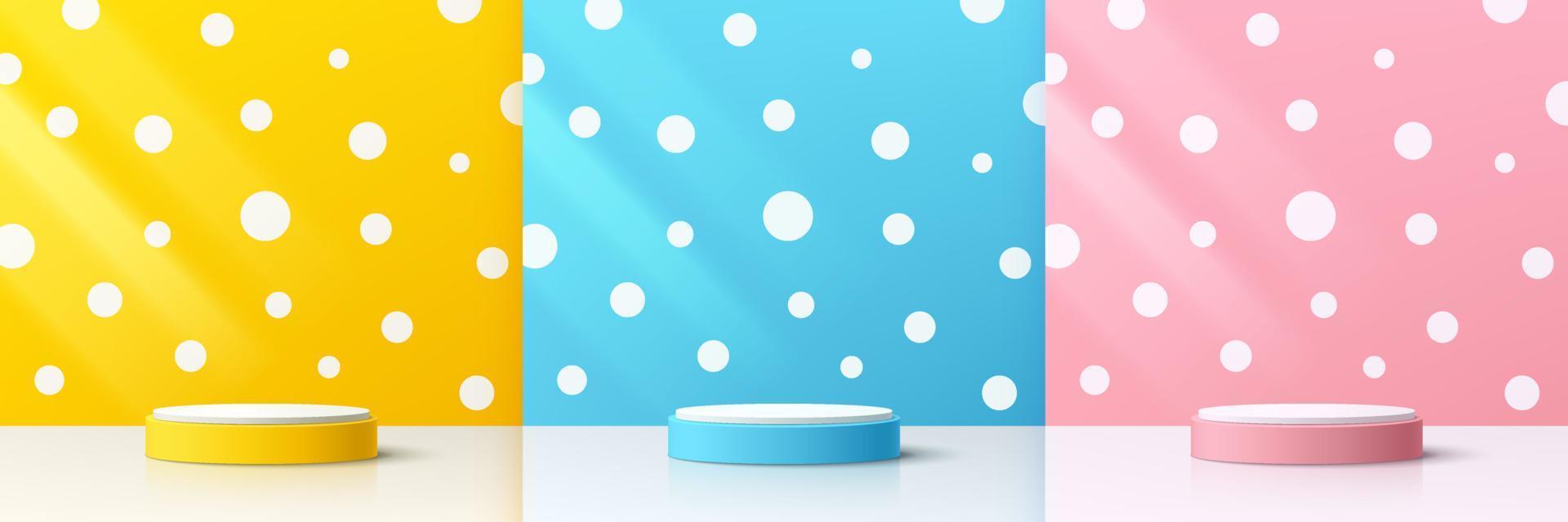 Set of abstract yellow, blue and pink realistic 3d cylinder pedestal podium with white polka dots on the wall. Vector rendering geometric forms. Pastel minimal scene. Stage showcase, Product display.