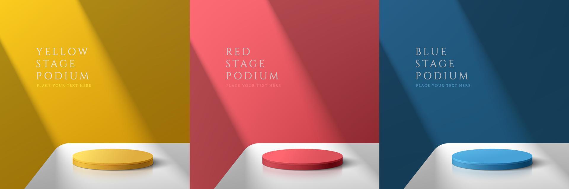 Set of yellow, dark blue and red realistic 3d cylinder pedestal podium on white table in abstract rooms. Vector rendering geometric forms. Colorful minimal scene. Stage for showcase, Product display.