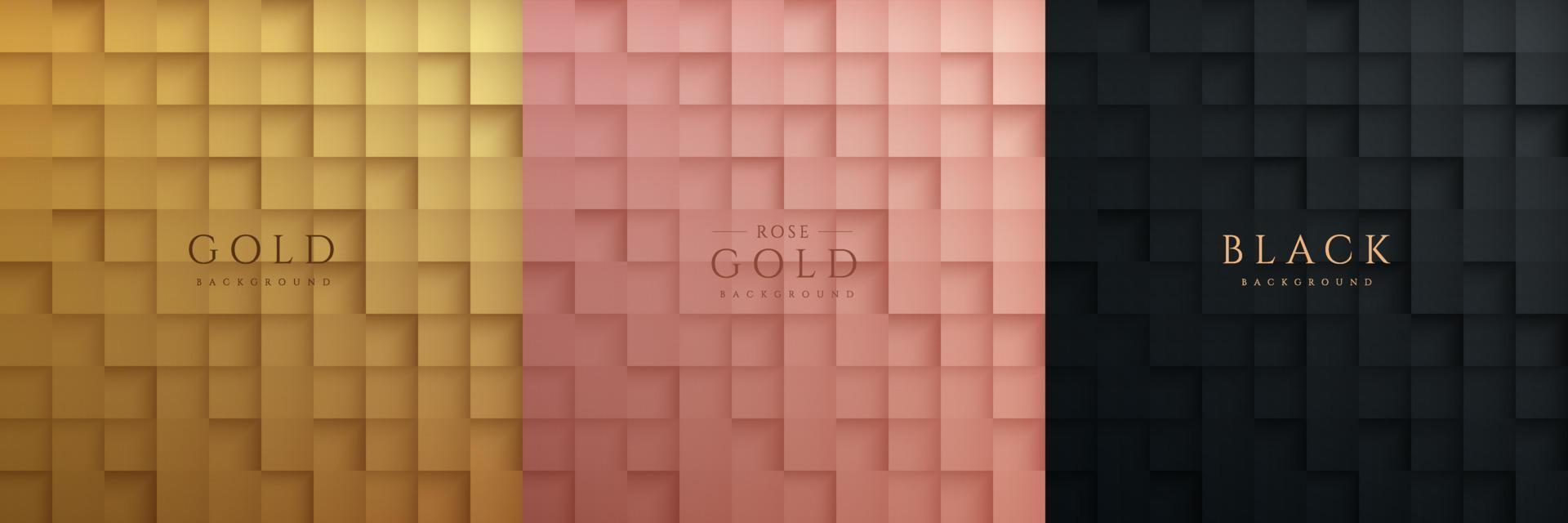 Set of 3D abstract golden, pink gold and black square pattern background design. Collection of luxury geometric background. Design for cover template, poster, banner web, print ad. Vector illustration