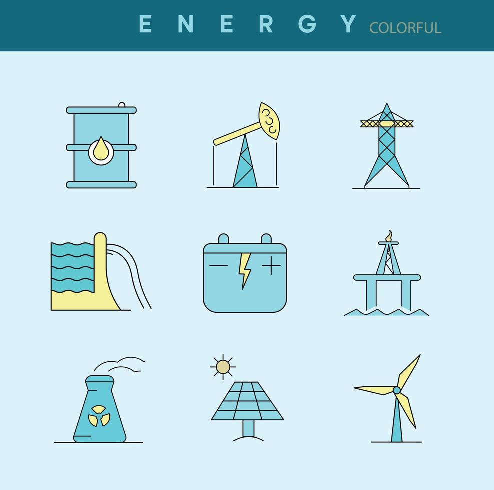 conjunto de iconos de diseño de energía. conjunto de iconos de energía colorida. tipos de energía natural ilustración vectorial en el fondo para el diseño del logotipo de su aplicación móvil web. caligrafía editable moderna. vector