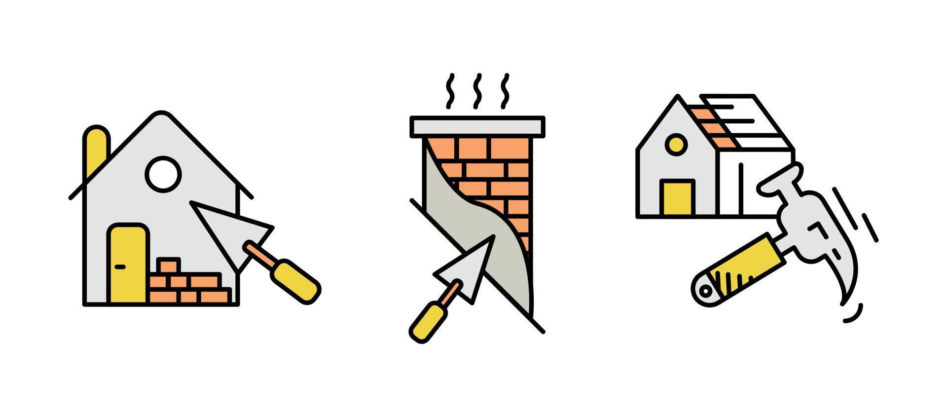 House chimney and brick construction icon set. Architecture icon. Art vector illustration set. Editable row set. Silhouette, colored, linear icon set.