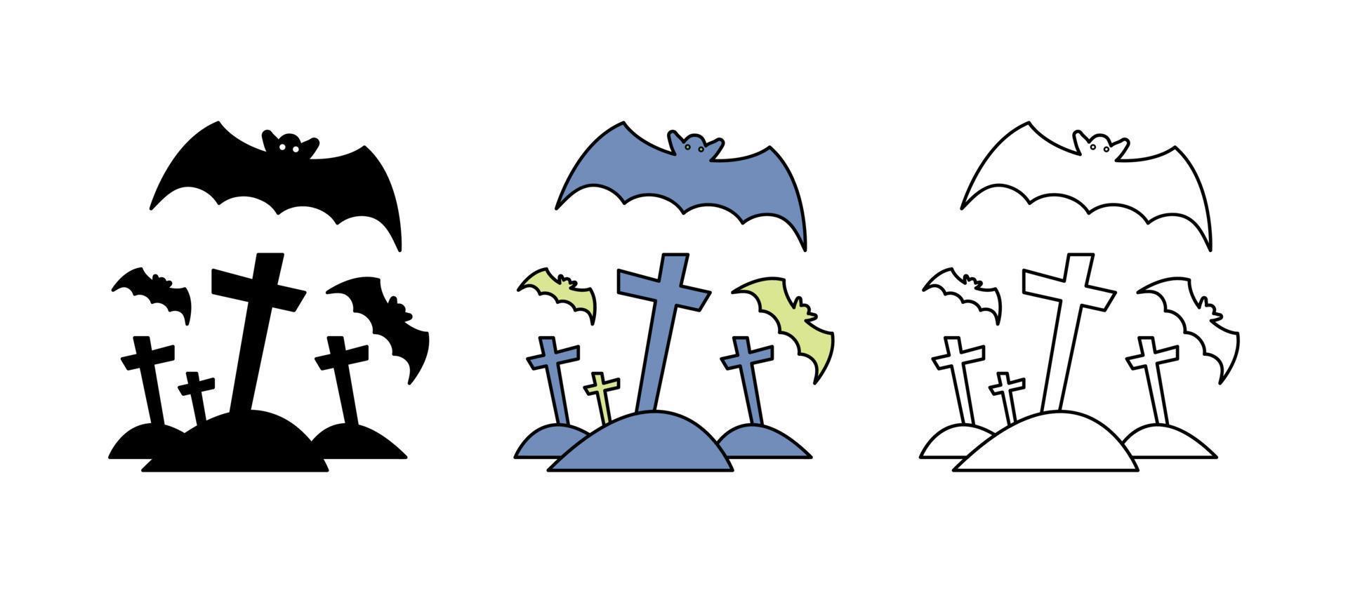 Bat icon flying over cemetery. Set suitable for the concept of Halloween. It is a colorful, silhouettes and linear icon set. vector