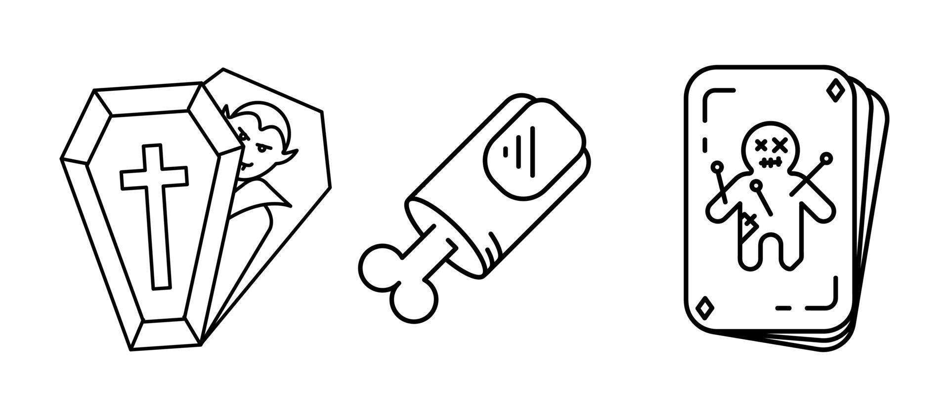Doll on playing card, vampire in coffin and amputated finger. Set for Halloween concept. Linear icons set. vector