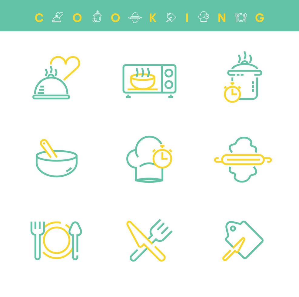 Modern cooking icon set. As part of the 9-piece kitchen. Creative kitchen utensils in modern line style for your web mobile app logo design. Pictogram isolated on a white background. Editable line. vector