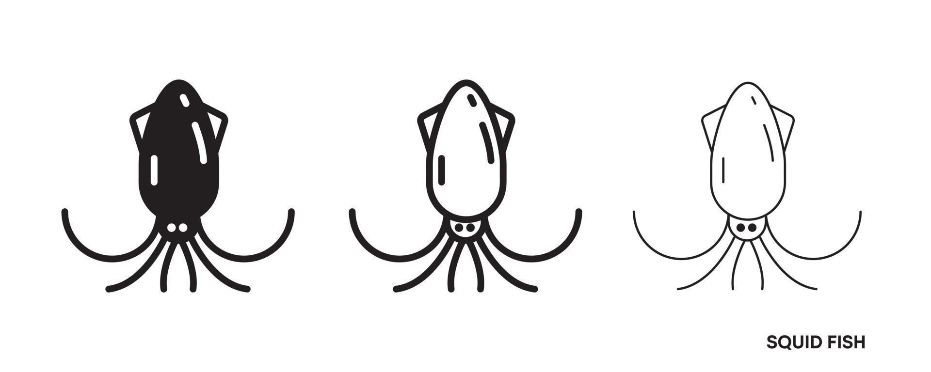 Squid fish line icon set. Such icons include thin, thick and silhouette Squid fish icon set. Editable line. Fish icon. Fish logo template. Creative vector symbol of fishing club or online web shop.