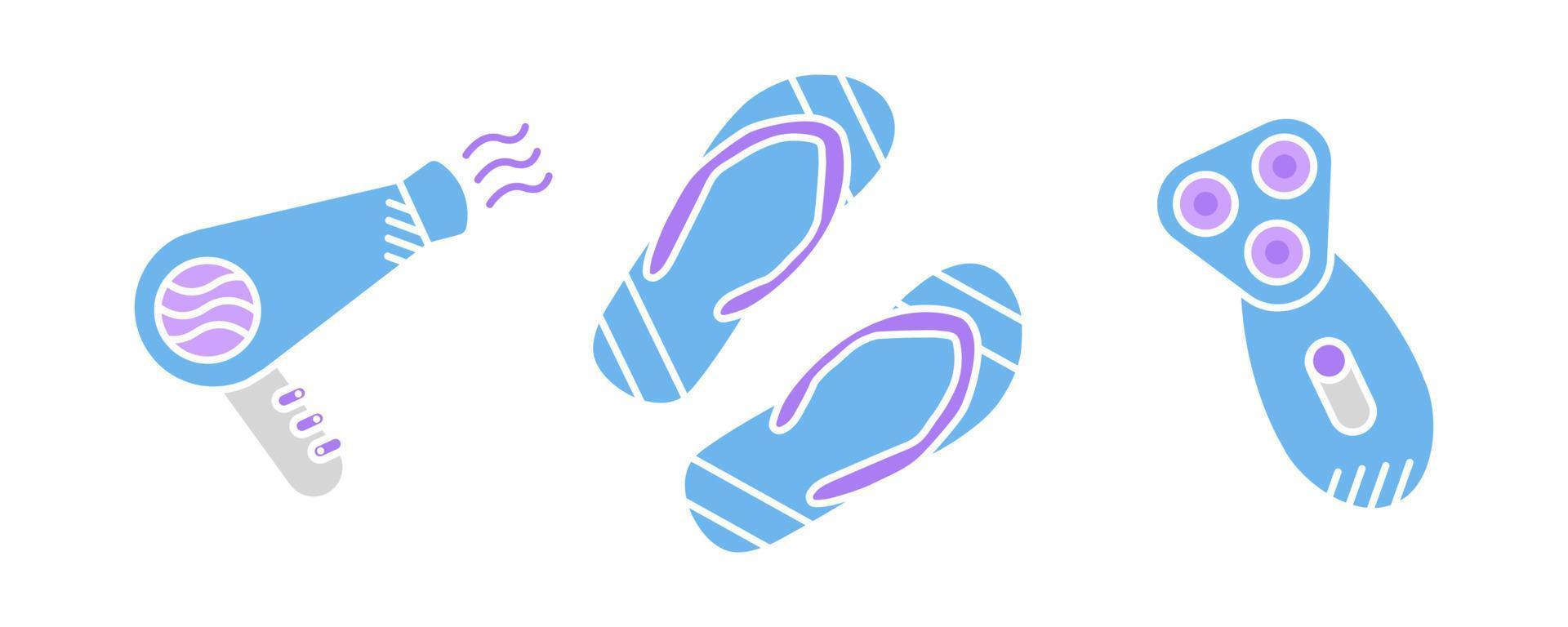 Blow dryer, flip flops and shaver vector icon set. Bathroom set. Editable row set. Colorful icon set. Logo-web, icon design element