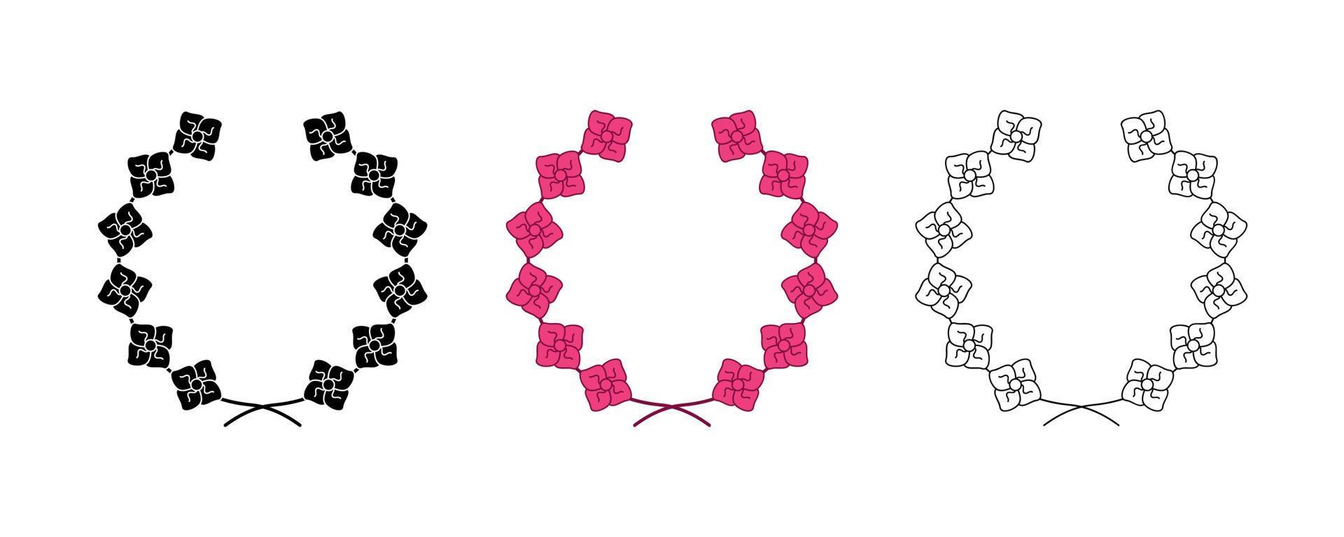 Pink color, silhouette, circular flower and an award, heraldry wreath. Collection of wreaths depicting success, victory, crown, winner, ornate, vector icon illustration.