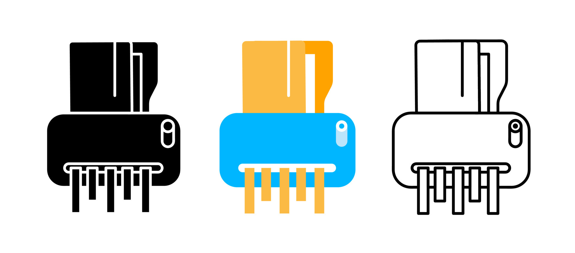 Paperfile cutter machine set. Document destruction vector icon set