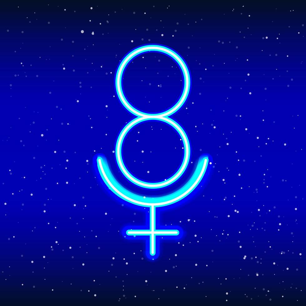 Neon LED blue 8 and female sign icon type. Midnight blue realistic neon icon. Neon female arrows showing. Isolated On White Background. vector