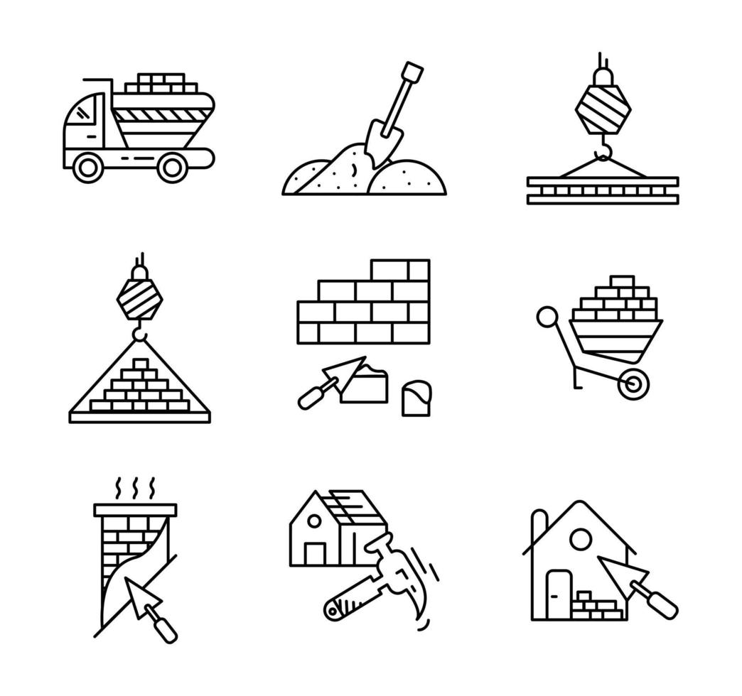 House roof repair process, chimney plastering, house construction and brick transport icon set. Architecture icon. Art vector illustration set. Editable row set. Linear icon set.