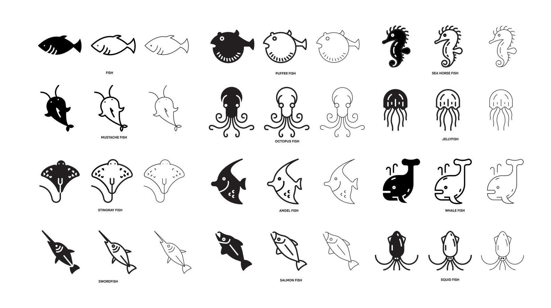 diferentes tipos de conjunto de iconos de línea de peces. tales íconos incluyen el conjunto de íconos de peces delgados, audaces y de silueta. línea editable. icono de pescado. plantilla de logotipo de pescado. club de pesca o icono de vector creativo web en línea.