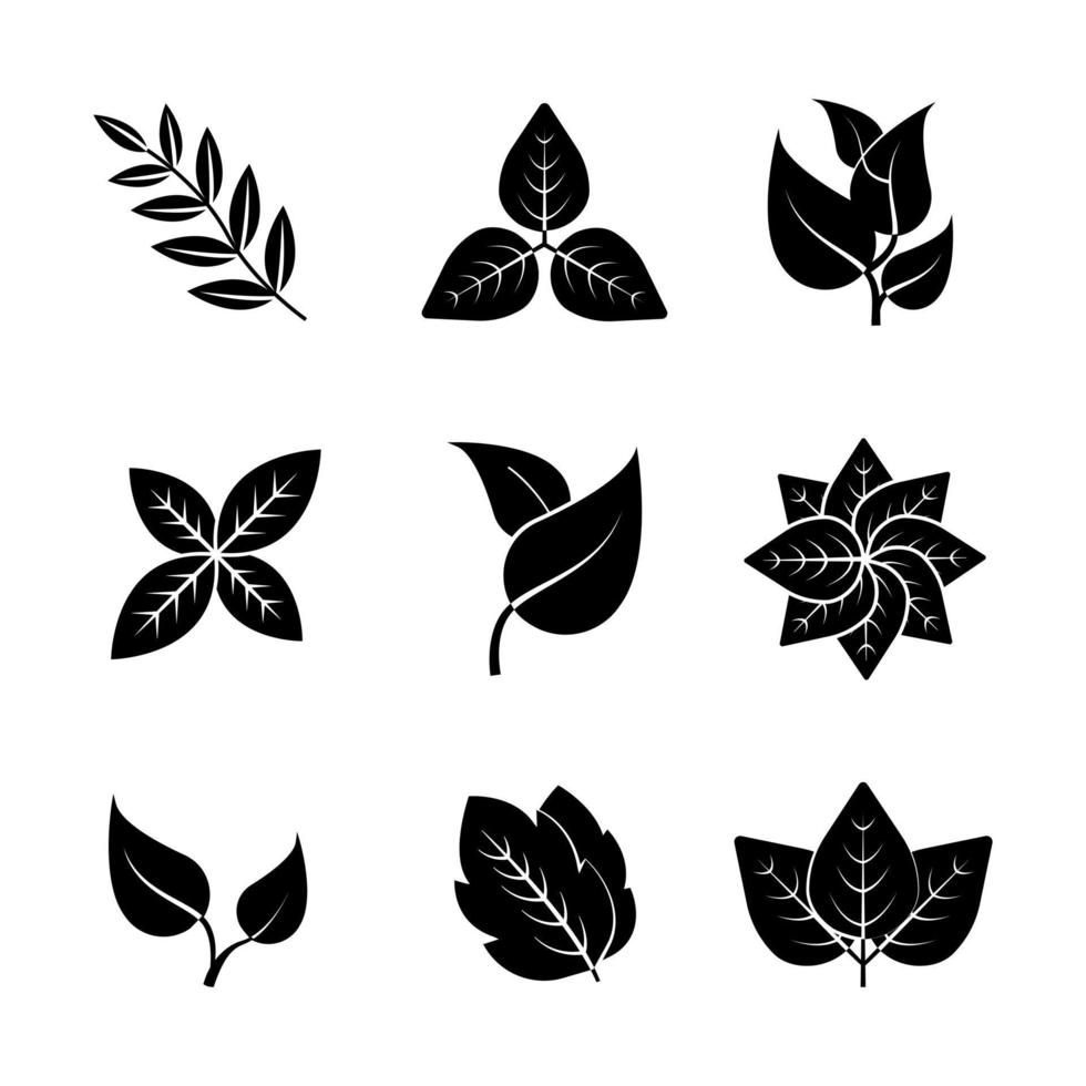 conjunto de 9 iconos de vector de hojas diferentes. contiene símbolos como planta, hoja. conjunto de iconos de silueta.