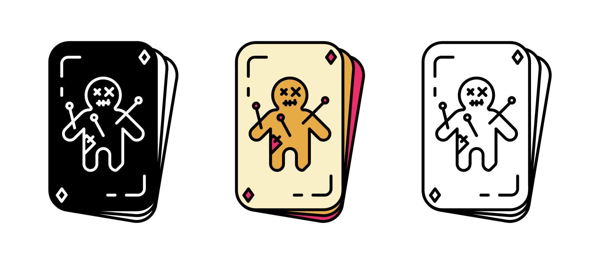 Doll on playing card. Cursed rag doll. Set for Halloween concept. Set of colored and silhouette linear icons. vector