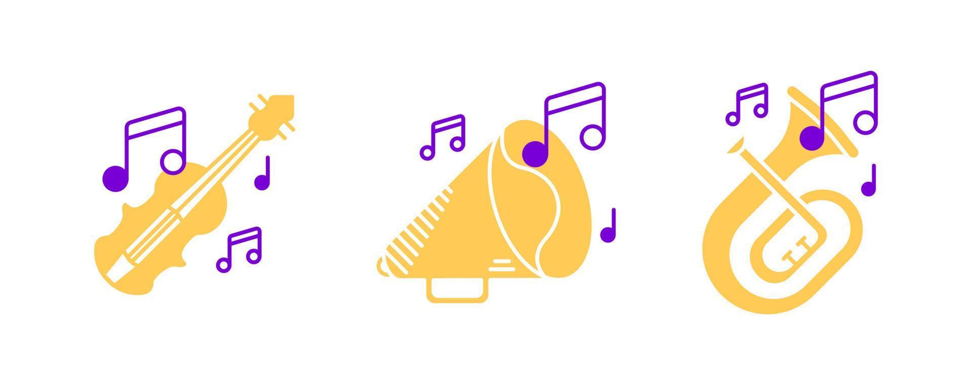 Violin, Baritone tuba, Trumpet and musical notes icon set. Entertainment and music icon. Art vector illustration set. Editable row set. Colored icon set.