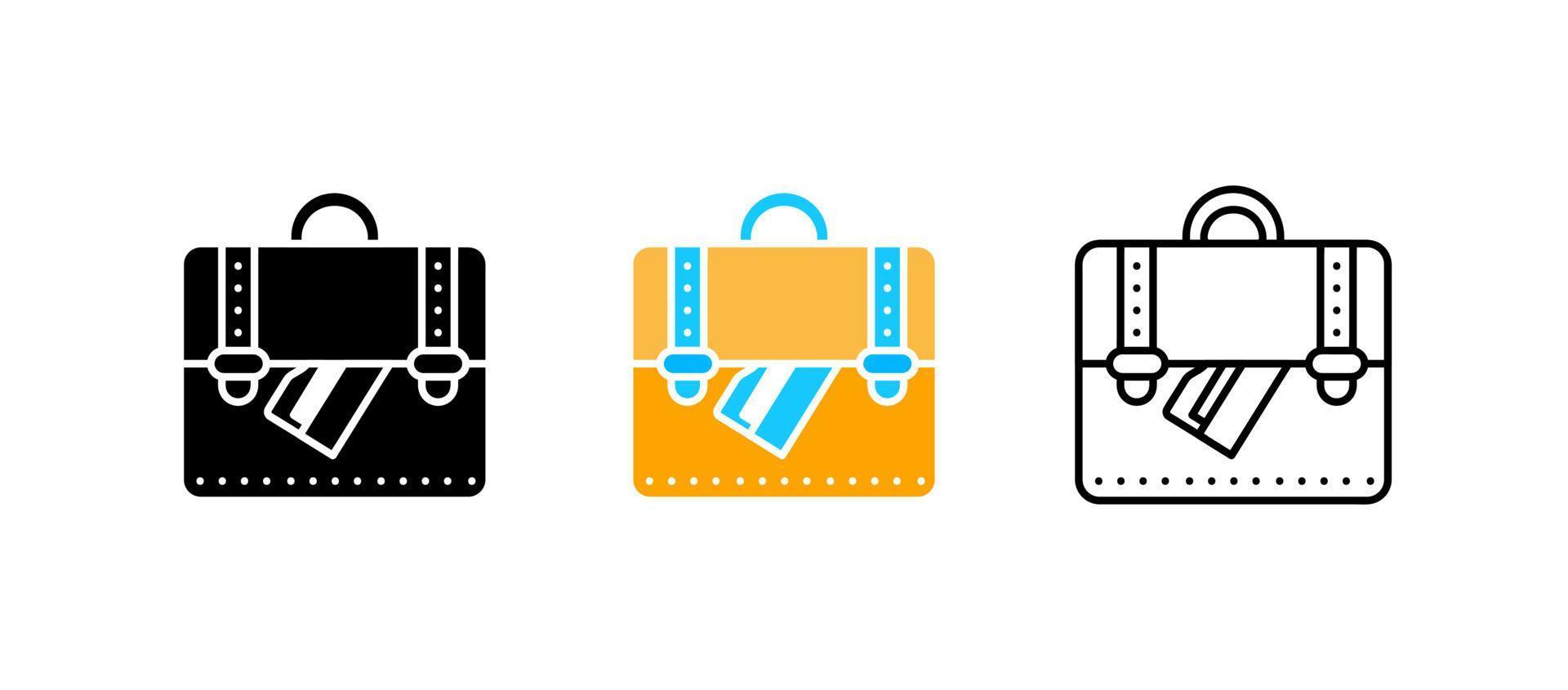 Business bag vector icon set. Papers from the bag. Workplace equipment in the office. Editable row set. Silhouette, colored and linear icon set. Logo-web, icon design element.