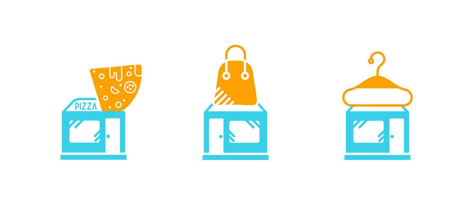 Bag and clothing shop, and pizzeria icon set. Wallet-bag accessories and pizza shop line. Save icon vector. Editable row set. Linear icon set. Logo-web, icon design element. vector