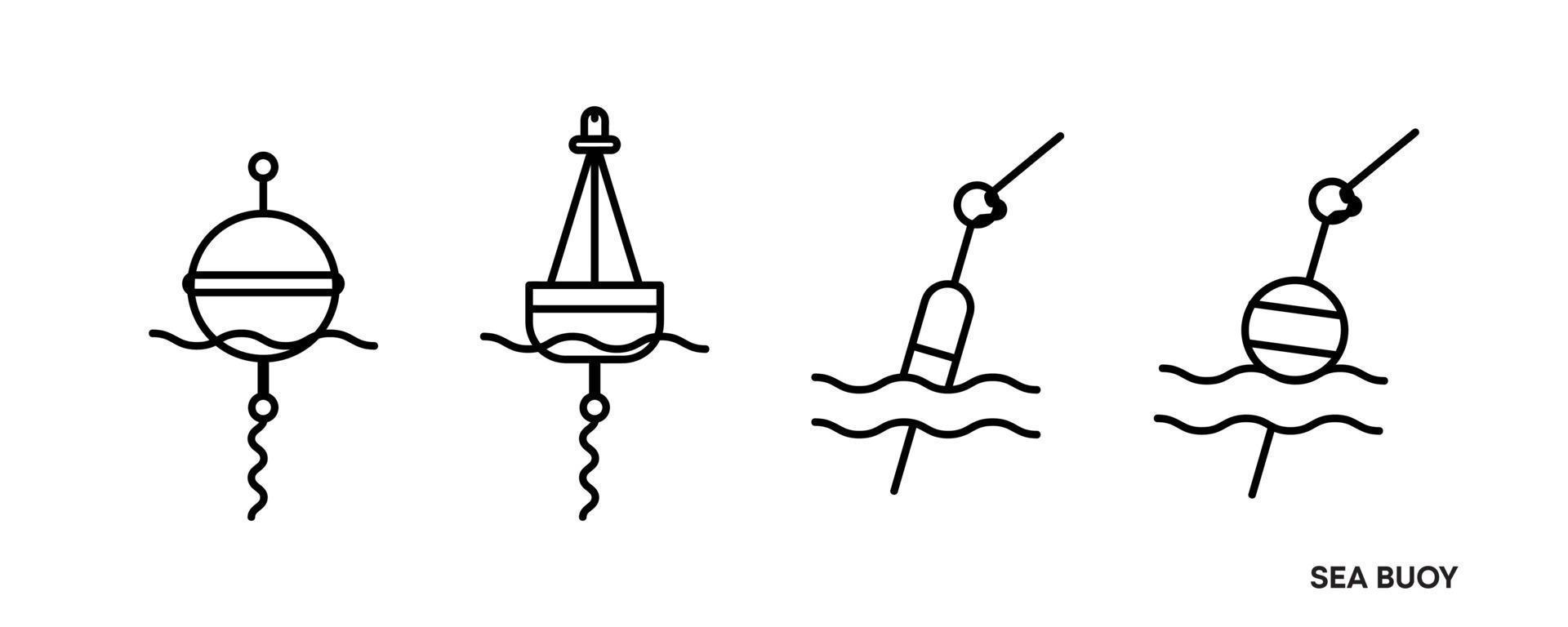 Buoy icon set in the middle of the sea. This symbol is the equipment icon symbol found in the sea. Editable icon set. Fishing club or online web shop creative vector line art.