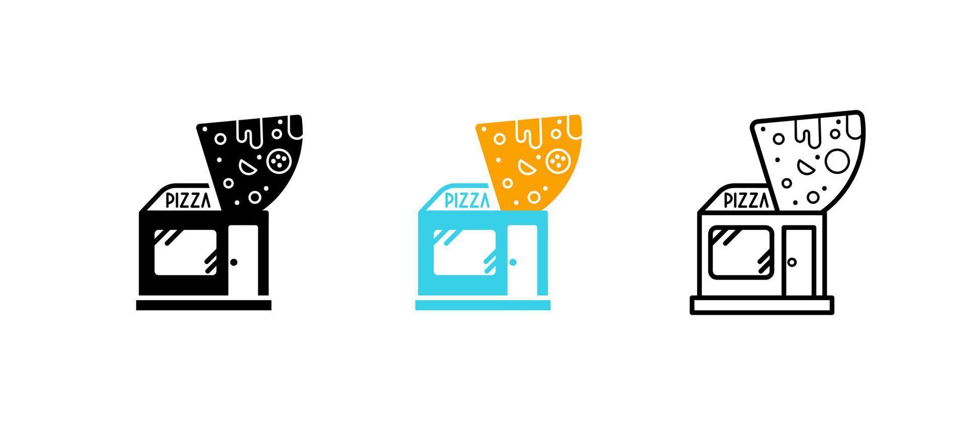 Pizza piece and pizza shop icon set. Pizza shop line. Save icon vector. Editable row set. Silhouette, colored, linear icon set. Logo-web, icon design element. vector