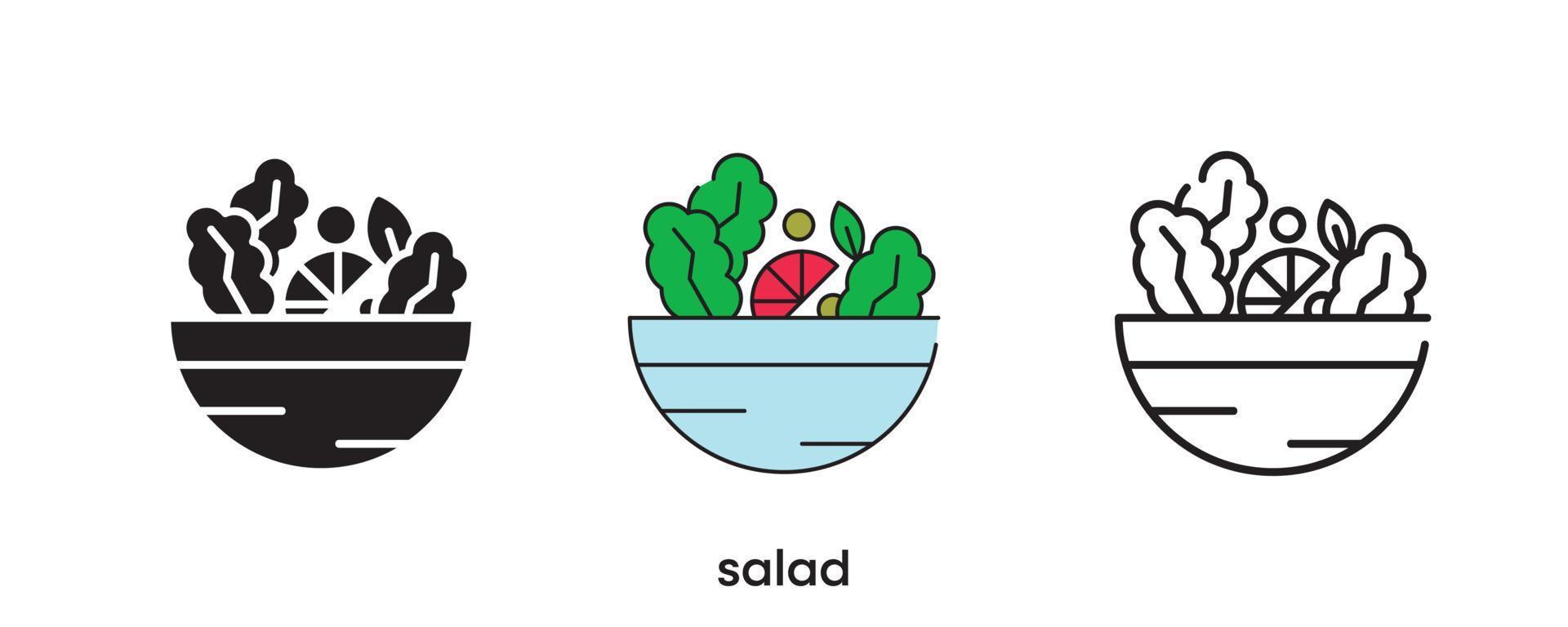 diseño de icono de ensalada. icono de ensalada en silueta, colorido y lineal. ilustración de vector de línea de icono de ensalada aislada en un fondo limpio para el diseño del logotipo de su aplicación móvil web. línea moderna.