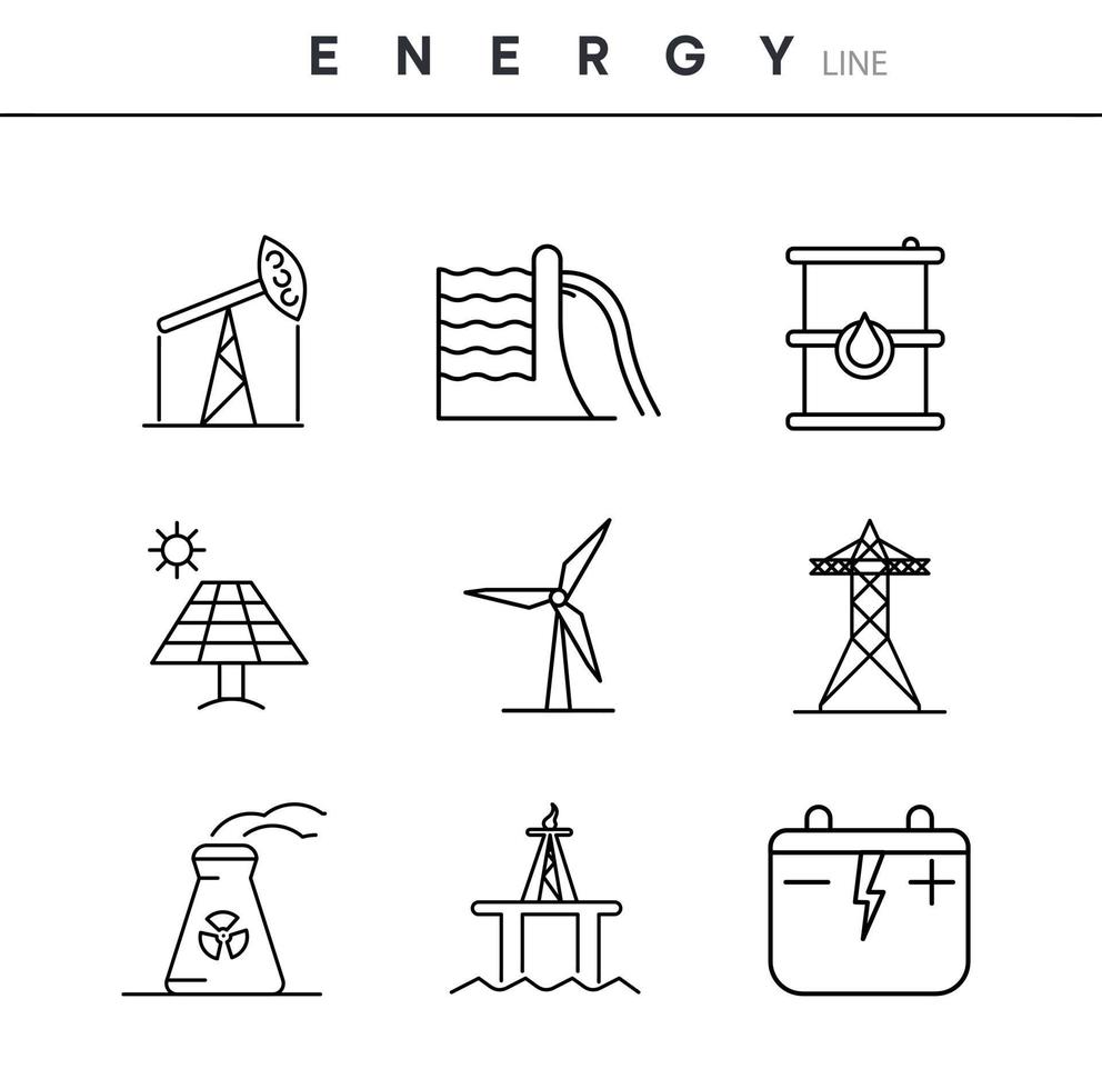 conjunto de iconos de diseño de energía. conjunto de líneas de iconos de energía lineal. tipos de energía natural ilustración vectorial en el fondo para el diseño del logotipo de su aplicación móvil web. caligrafía editable moderna. vector