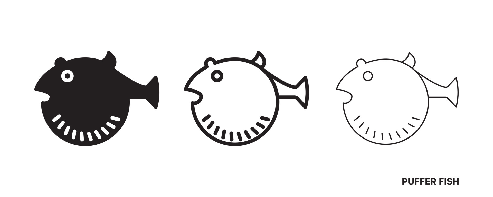 Puffer fish line icon set. Such icons include thin, thick and silhouette  puffer fish icon set. Editable line. Fish icon. Fish logo template.  Creative vector symbol of fishing club or online web