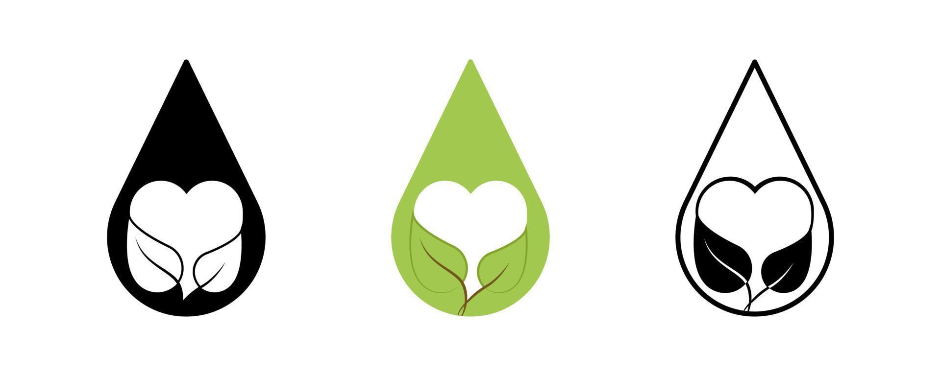 gota de agua creativa, conjunto de iconos de corazón y hoja. contiene símbolos como hoja, casa y gota de agua. diseño de logotipo de estilo de vida vegano y saludable. trazo editable. color, silueta y conjunto de iconos lineales. vector