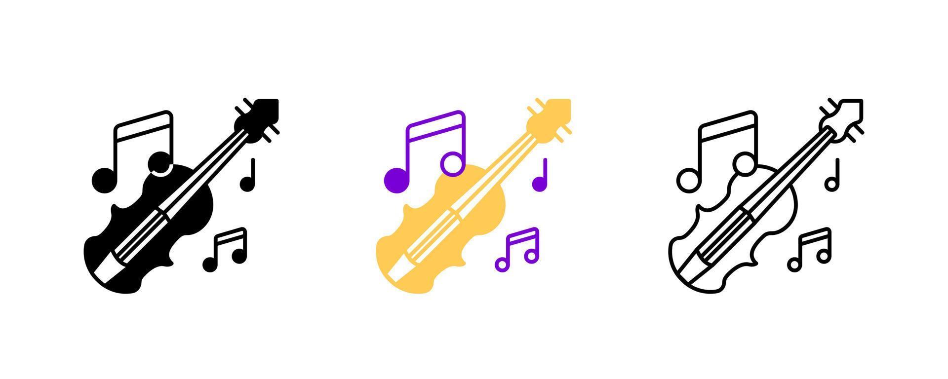 Violin and musical notes icon set. Entertainment and music icon. Art vector illustration set. Editable row set. Silhouette, colored, linear icon set.