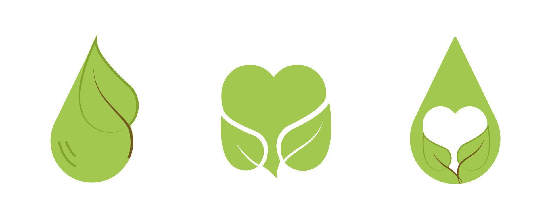 agua creativa, conjunto de iconos de salud del corazón. contiene símbolos como hoja moderna, gota de agua, corazón. diseño de logotipo de estilo de vida vegano y saludable. trazo editable. conjunto de iconos en color verde. vector