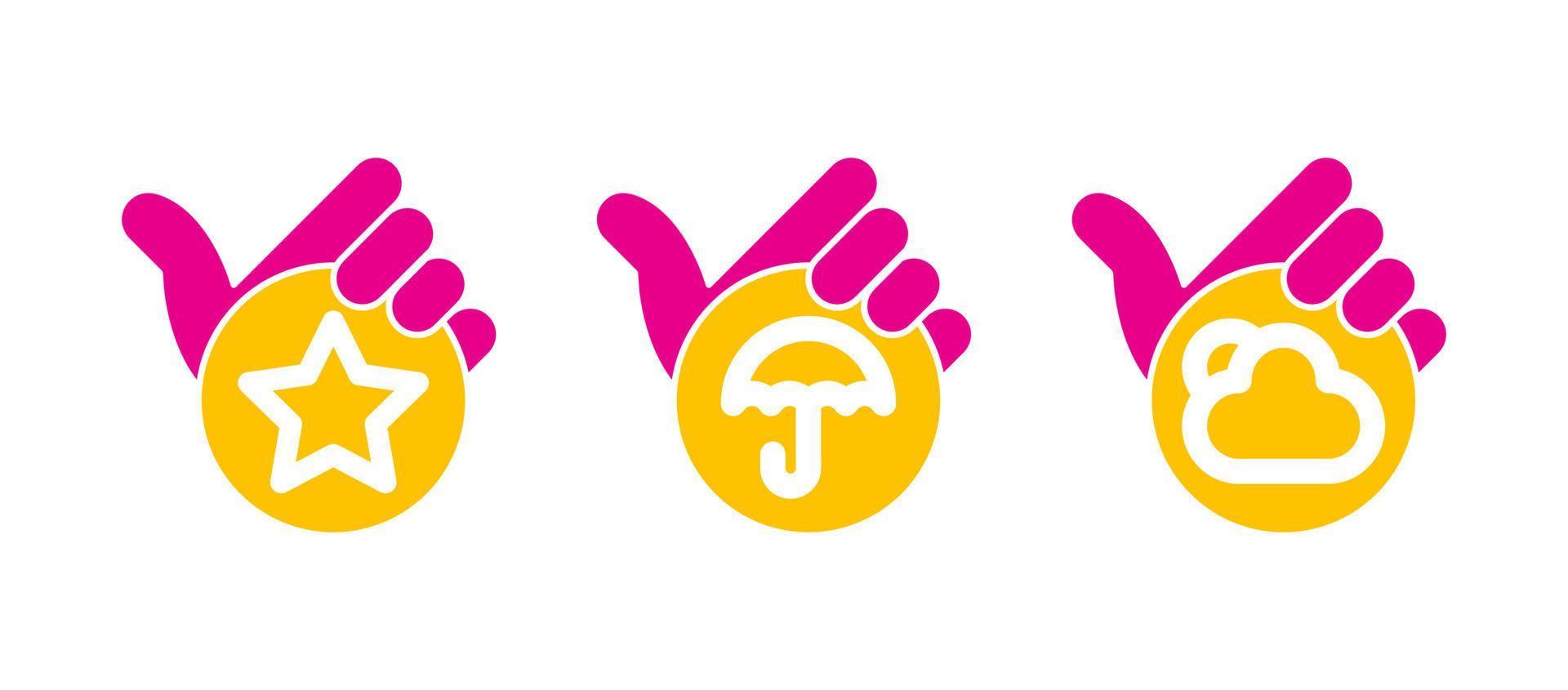 Geometric star, cloud and umbrella shape card in palm. Present geometric shape sign vector icon set. Colorful icon set. Logo-web, icon design element.
