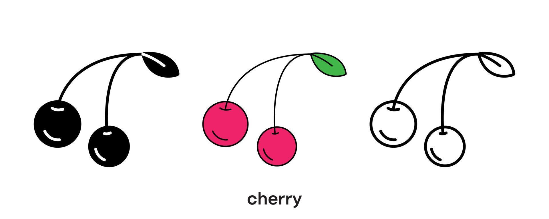 diseño de icono de cereza. icono de cereza en silueta, colorido y lineal. ilustración de vector de línea de icono de cereza aislada en un fondo limpio para el diseño del logotipo de su aplicación móvil web. arte lineal.