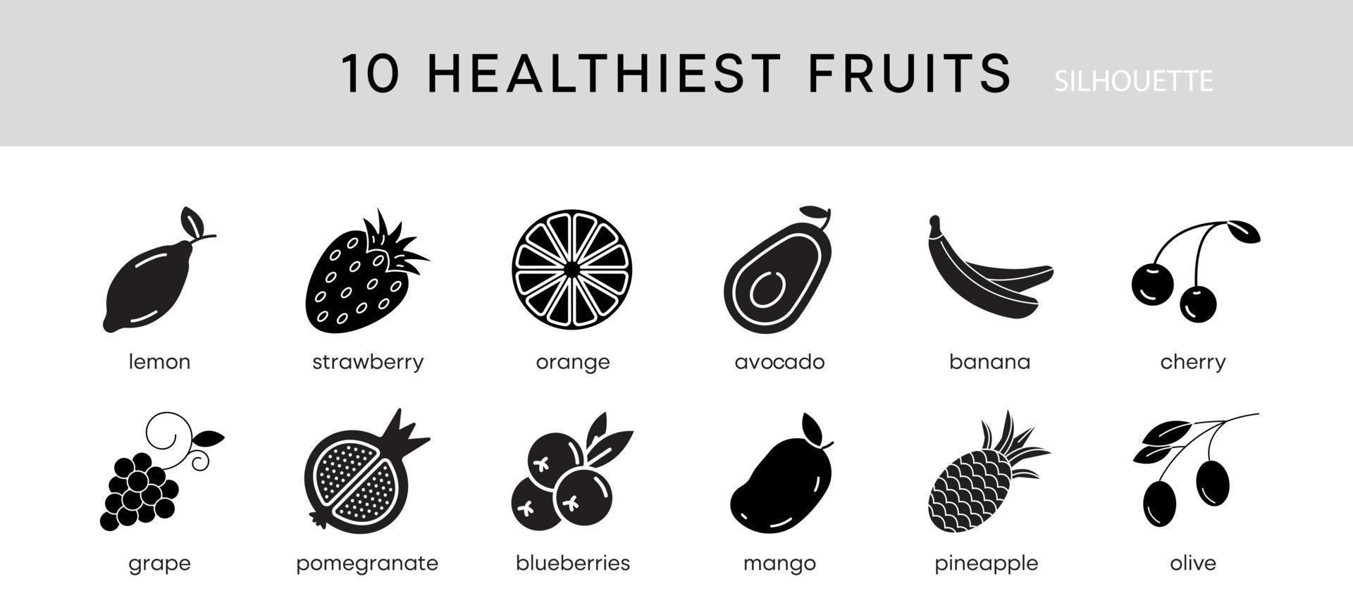 10 piece healthiest fruits icon set. Healthiest fruits diet snack foods vector line icons set. Isolated on a white background. Modern editable silhouette icon set. Your web mobile application logo.