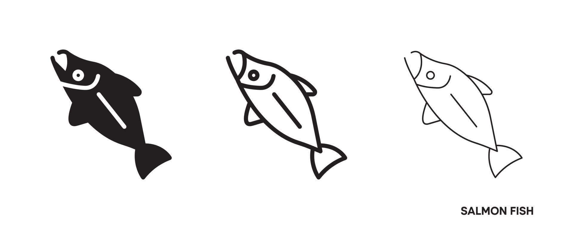 conjunto de iconos de línea de salmón. tales íconos incluyen un conjunto de íconos delgados, gruesos y de silueta de salmón. línea editable. icono de pescado. plantilla de logotipo de pescado. símbolo vectorial creativo del club de pesca o tienda web en línea. vector