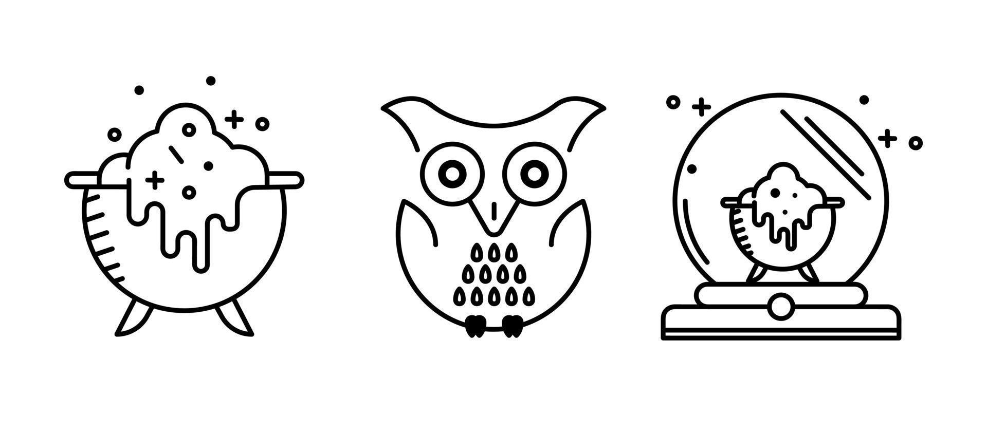 Win in magic cauldron, magic cauldron, orb, owl and magic orb. icons. Set for Halloween concept. It is a set of linear icons. vector