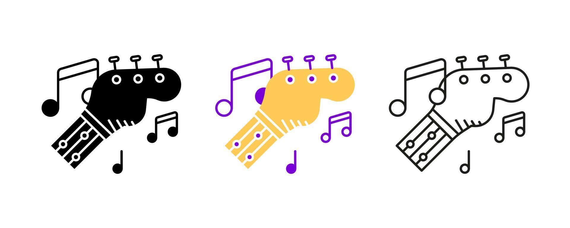 Guitar and guitar stem-strings and musical notes icon set. Entertainment and music icon. Art vector illustration set. Editable row set. Silhouette, colored, linear icon set.