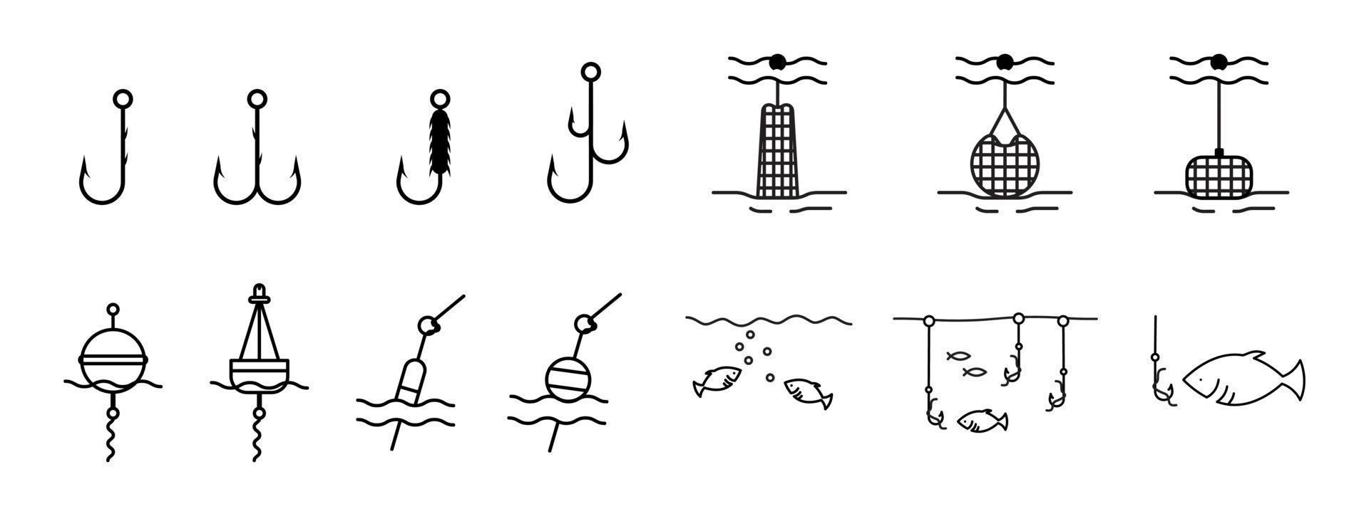 Fishing apartments icon set. This icon is the icon symbol showing fishing technique. Editable icon set. Fishing club or online web shop creative vector line art.