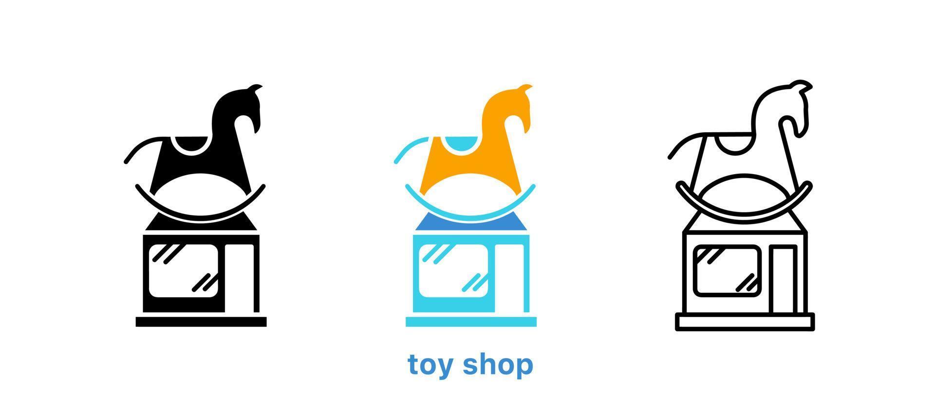 Toy shop icon set. Rocking horse and shop icon. Children's toy set. Editable row set. Silhouette, colored, linear icon set. Logo-web, icon design element. vector