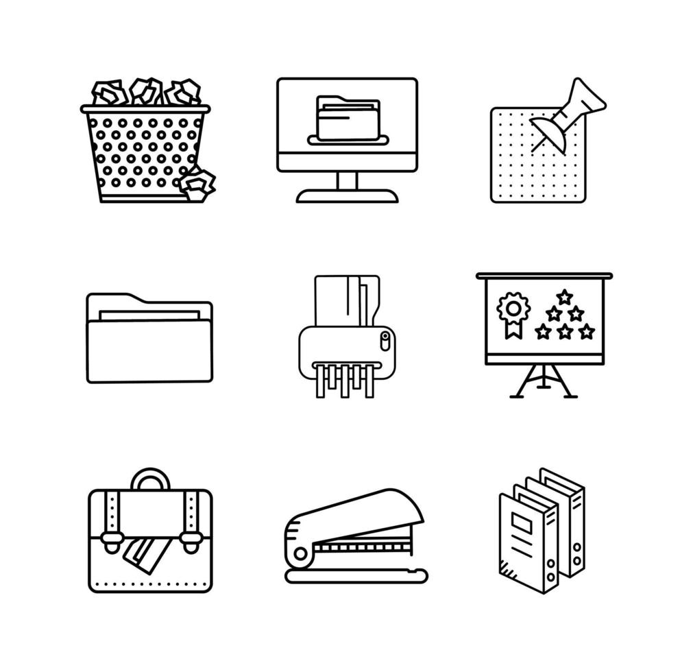 Presentation board, briefcase full of paper clips, trash can, shredder and stapler icon. Office-workplace equipment. Editable row set. Linear icon set. Logo-web, icon design element. vector