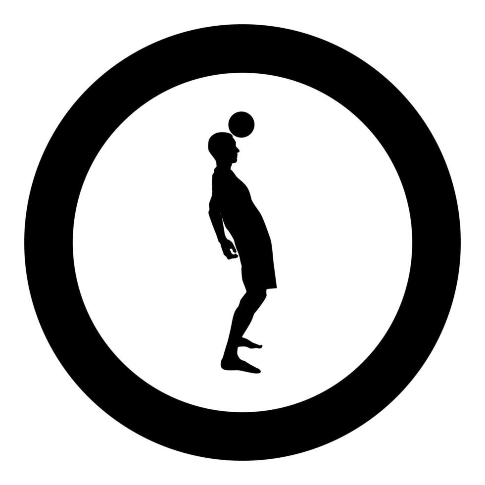 jugador de fútbol golpeando la silueta de la cabeza de la bola icono de cabezazo ilustración de color negro en círculo vector