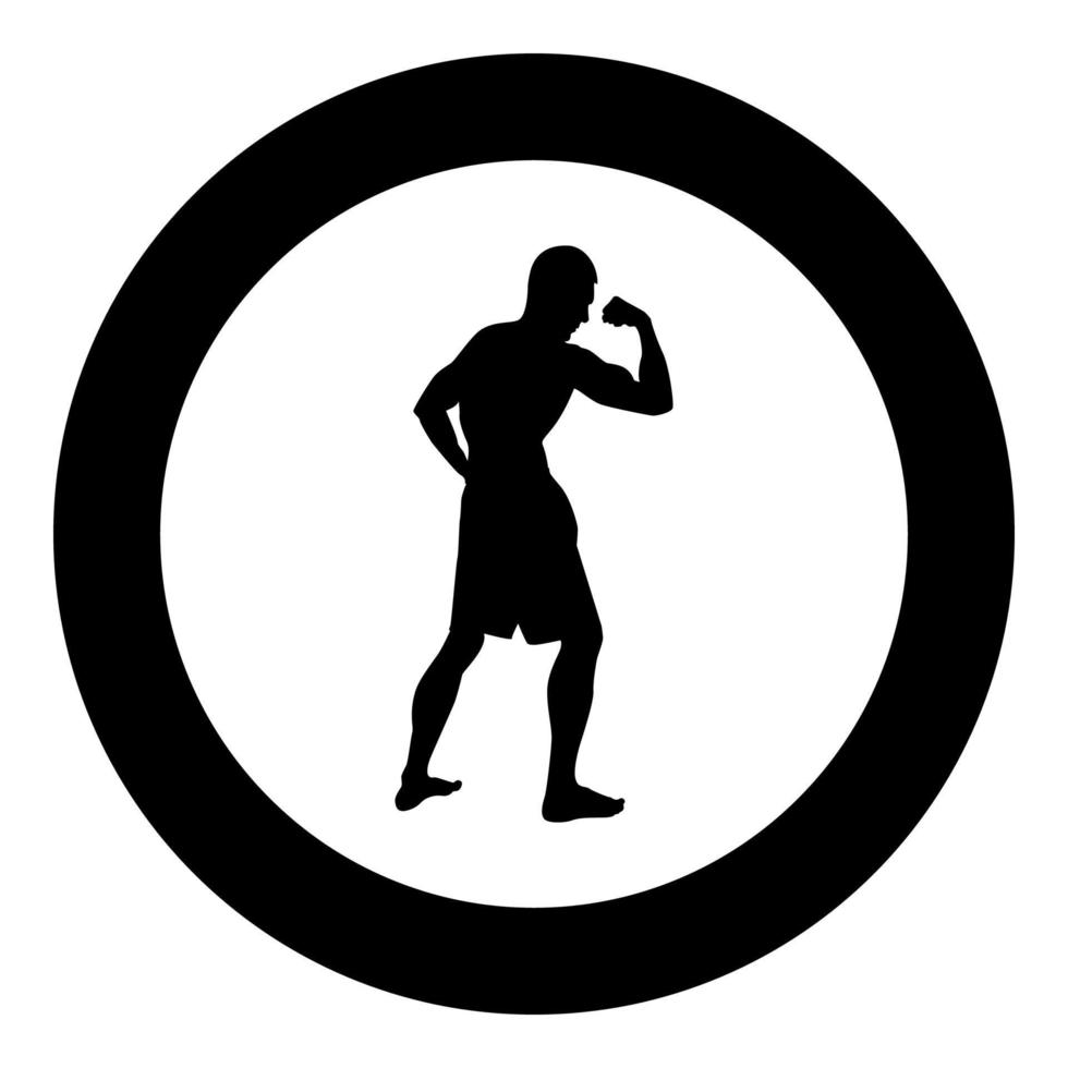 Bodybuilder showing biceps muscles Bodybuilding sport concept silhouette side view icon black color illustration in circle round vector