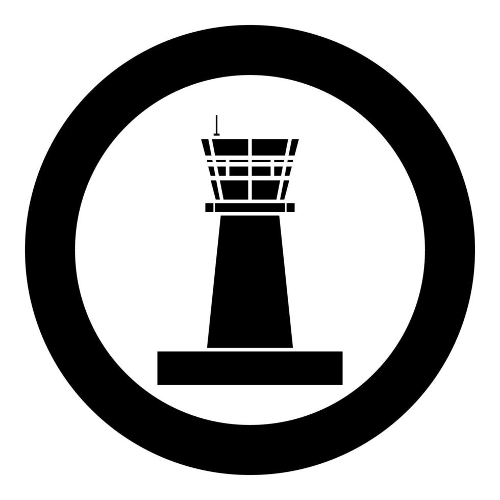 torre de control del aeropuerto torre de control icono de tráfico aéreo en círculo redondo color negro ilustración vectorial imagen de estilo plano vector