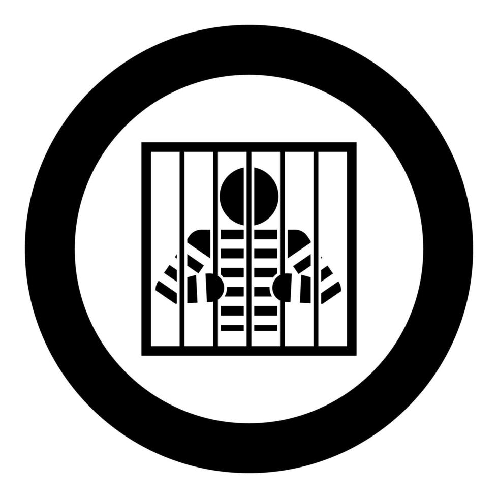 Prisoner behind bars holds rods with his hands Angry man watch through lattice in jail Incarceration concept icon in circle round black color vector illustration flat style image