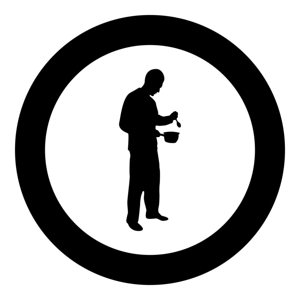 Man with saucepan spoon in his hands preparing food Male cooking use sauciers silhouette in circle round black color vector illustration solid outline style image